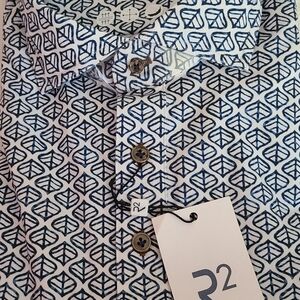 R2 White Shirt with Navy Leaf Geo Print